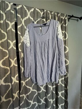Lane Bryant Blue & White Striped Lace-Trim Tunic